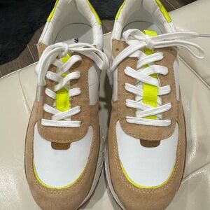 Madewell White and Tan Sneakers with Neon Yellow Accents - Never worn